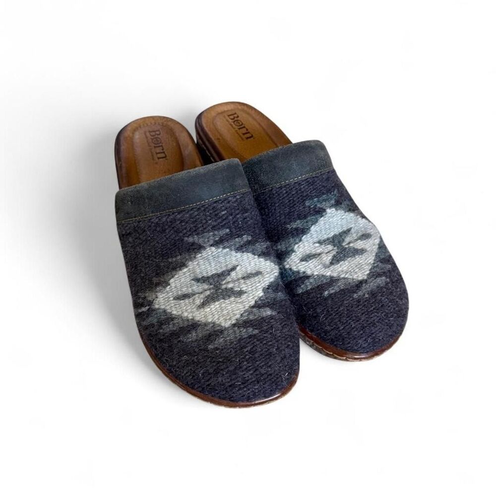 Born Bandy Womens 10 /42 Southwestern Wool Suede Clogs Mules Blue Boho BR0010172